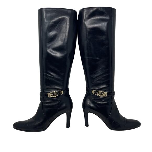 Gucci Knee-High Boots - Black Leather with Gold Buckle Hardware - Size 6.5 - Picture 3 of 12